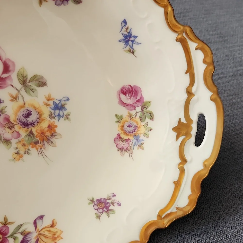 Vintage German Reichenbach Scalloped Gold Rim Floral Fruit Bowl